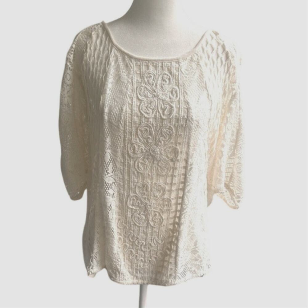 Meadow Rue Anthro Ivory Embroidered Top Cottagecore Fairy Country Boho, size L
